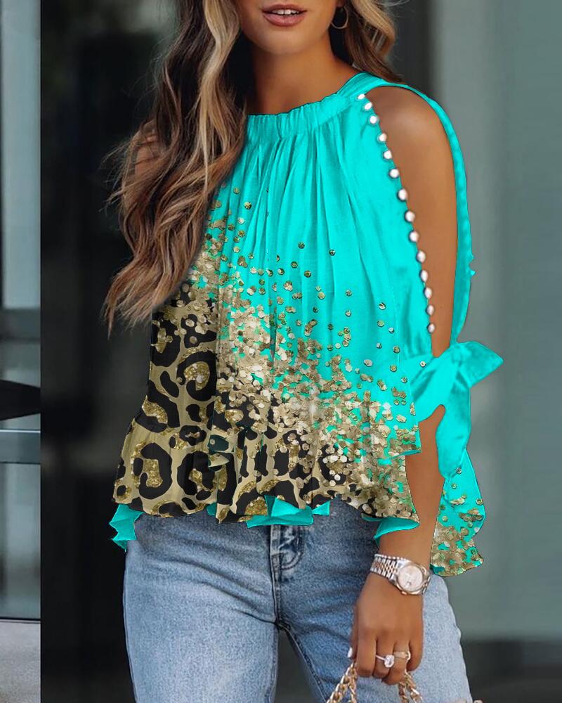

Contrast Leopard Print Split Sleeve Casual Top, Blue