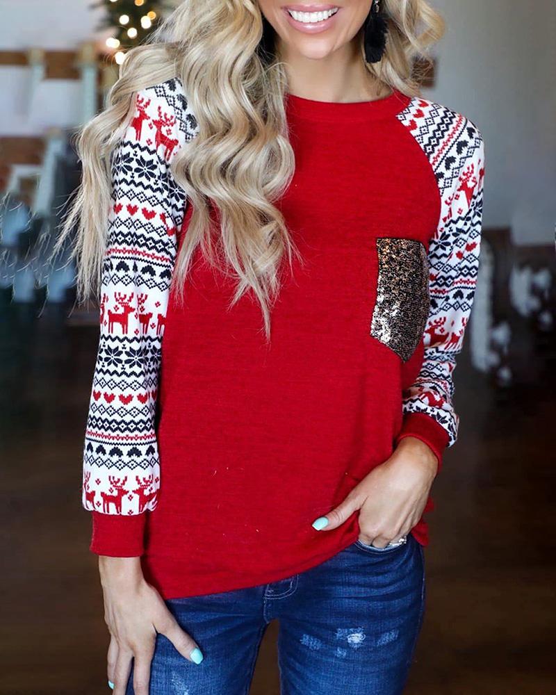 

Christmas Deer Snowflake Print Pocket Design Lantern Sleeve Top, Red