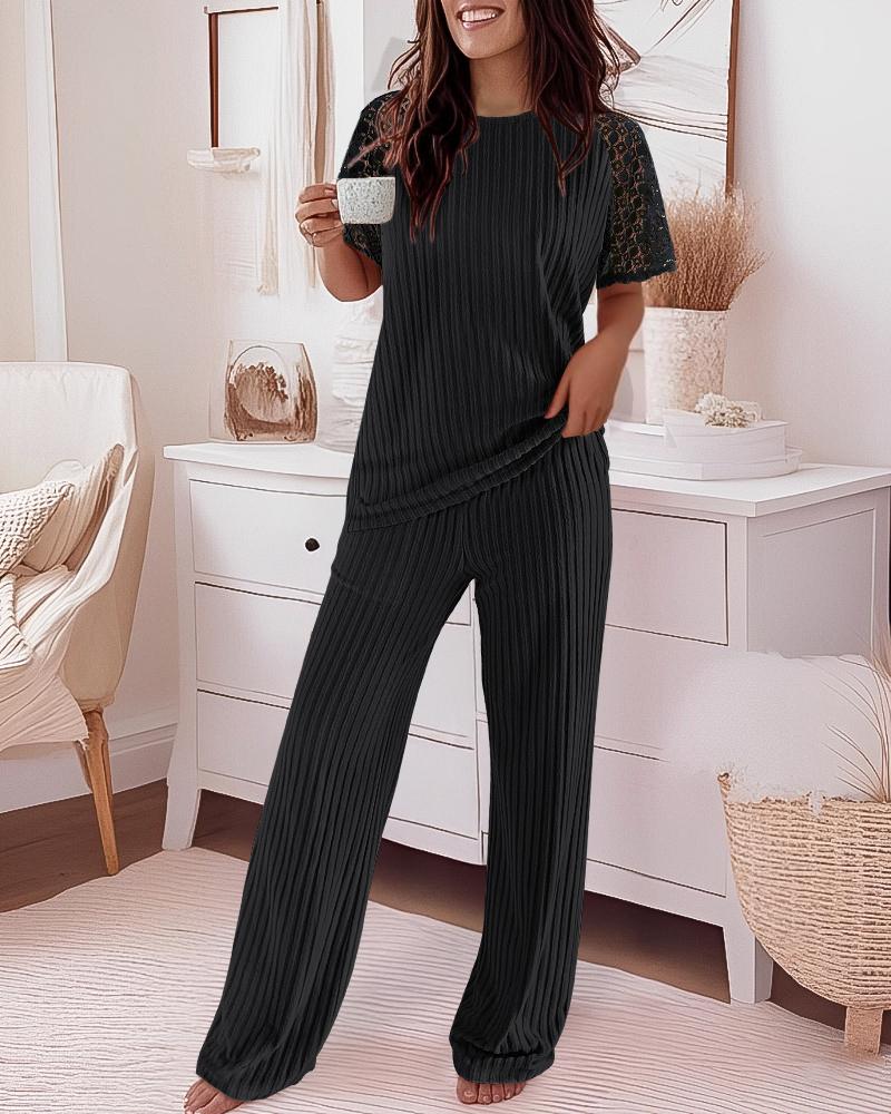 

Conjunto de 2 piezas con cuello redondo, top de encaje con retazos y pantalones rectos con cintura elástica, conjunto informal de canalé cepillado con bolsillos, Black