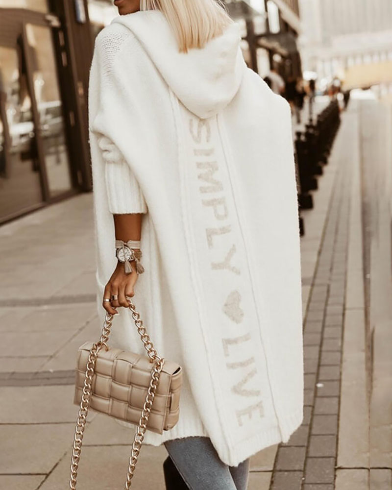 

Letter Pattern Long Sleeve Pocket Design Hooded Cardigan, White