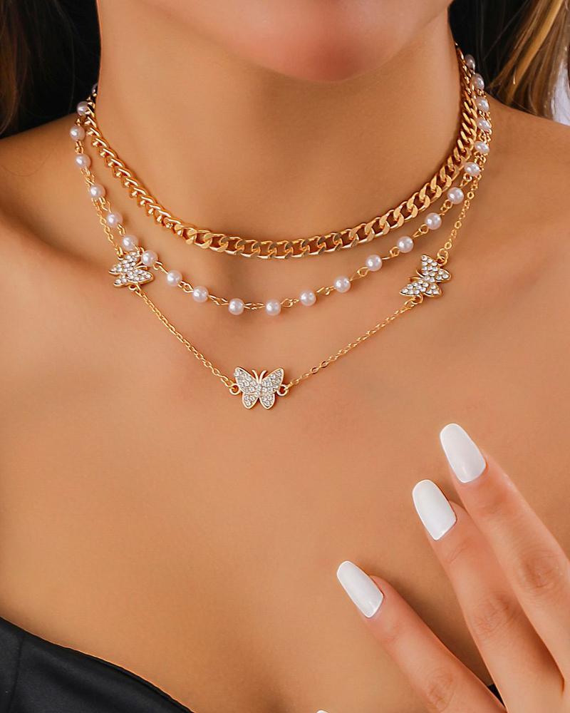 

3pcs Butterfly Pattern Beaded Chain Necklace Set, Gold
