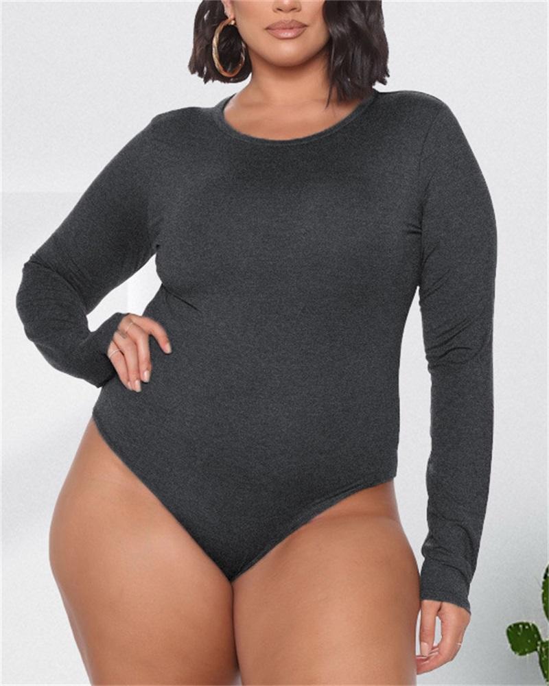 

Plus Size Plain Long Sleeve Skinny Bodysuit, Gray