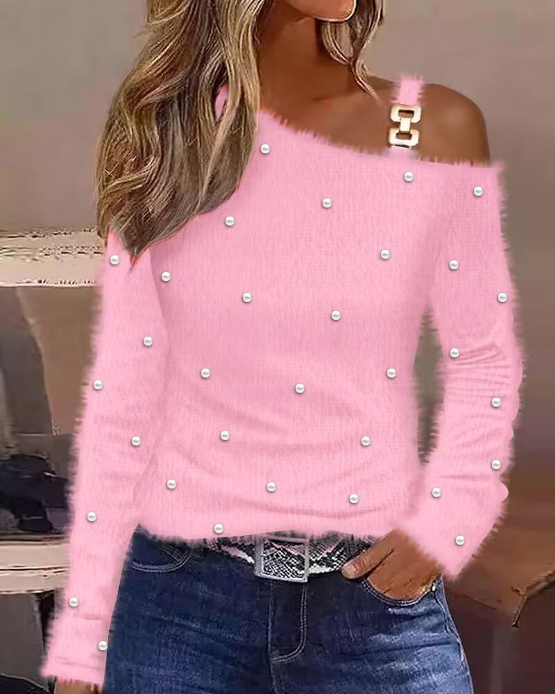 

Cold Shoulder Long Sleeve Beaded Fluffy Top, Pink