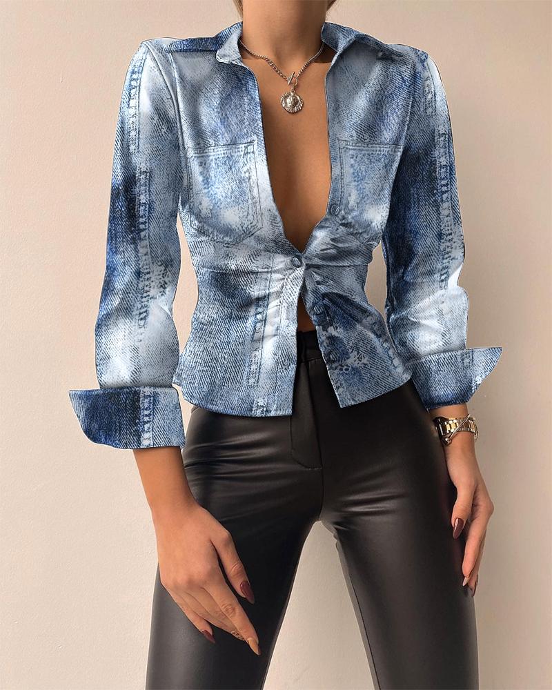 

Denim Pattern Print Long Sleeve Button Down Shirt, Blue