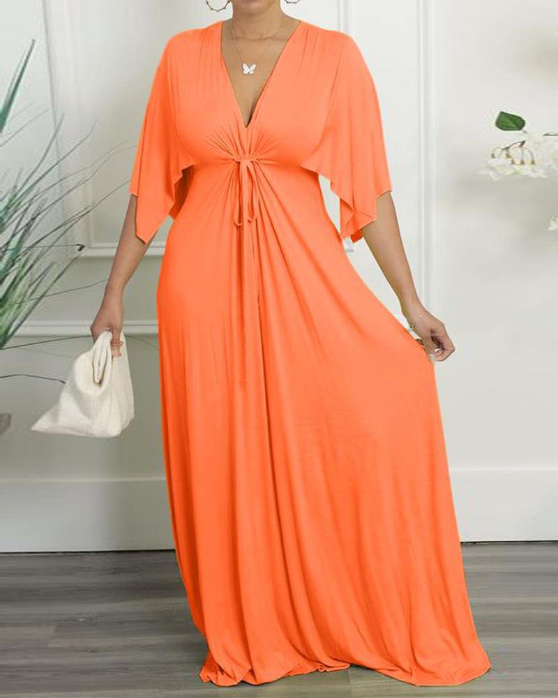 

Drawstring Ruched Batwing Sleeve Plunge Maxi Dress, Orange