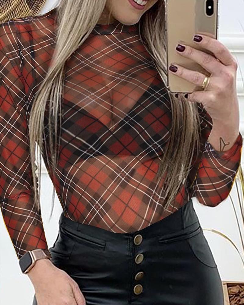 

Plaid Print Long Sleeve Sheer Mesh Blouse, Multicolor
