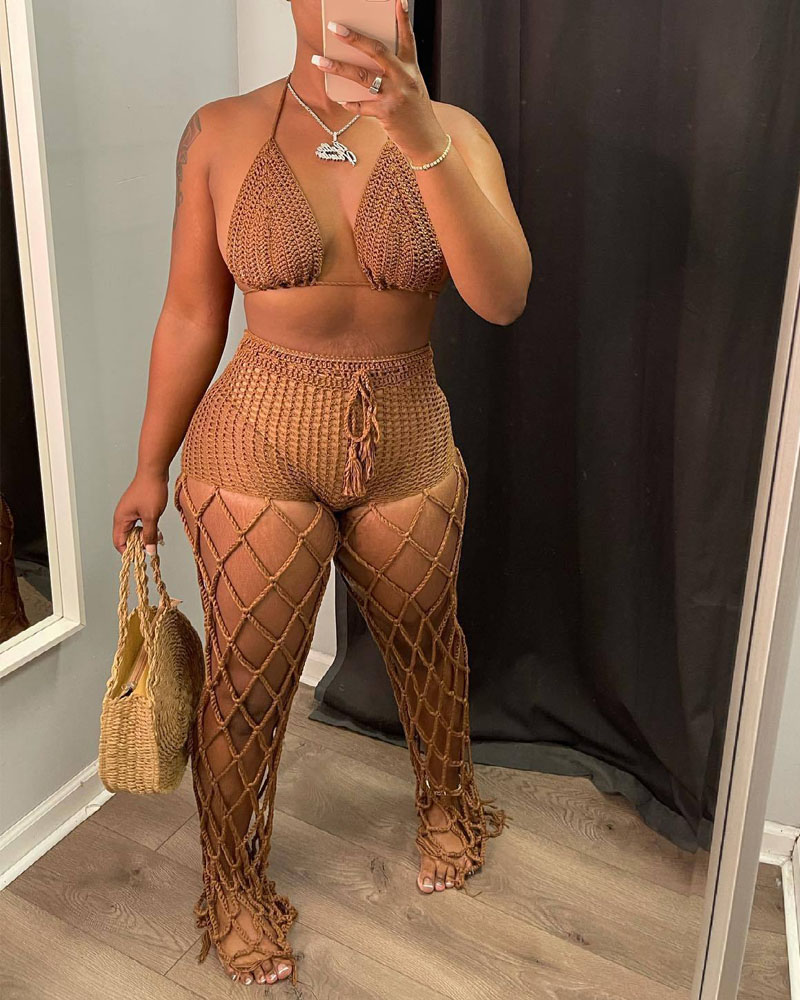 

Crochet Halter Crop Top & Fishnet Cover Up Pants Set, Khaki
