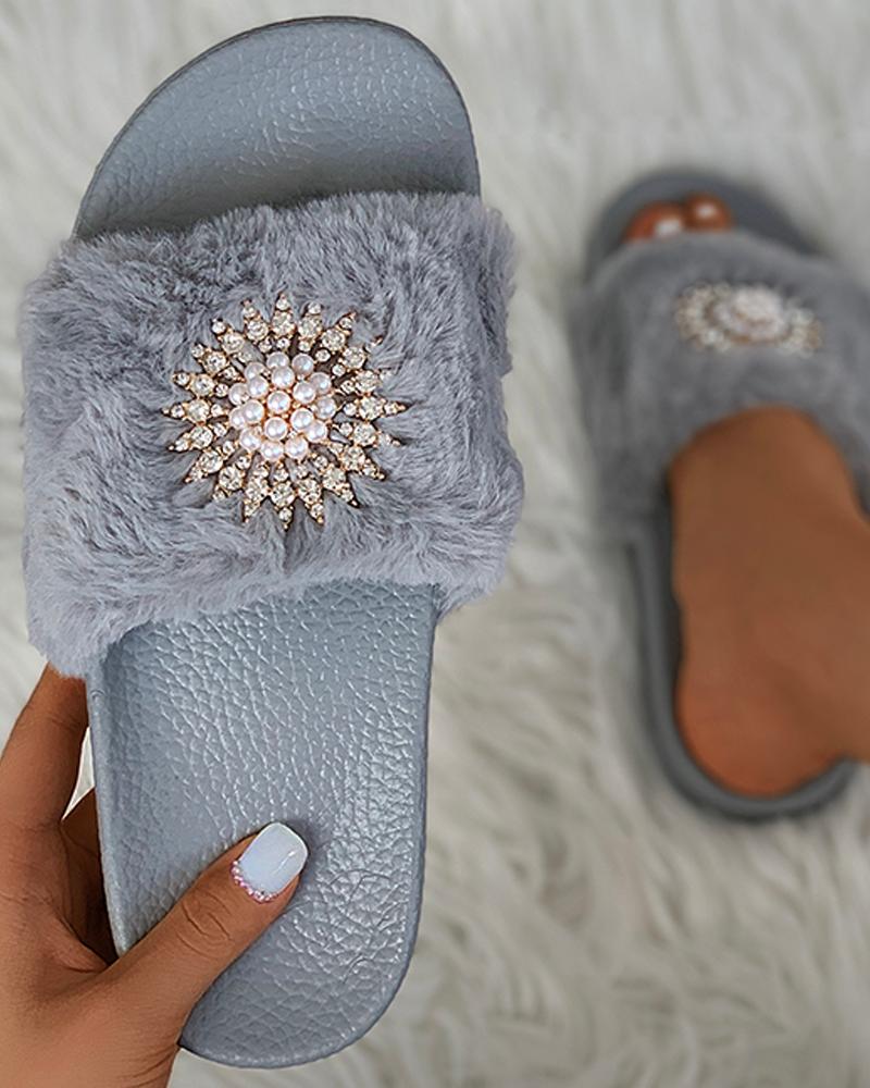

Studded Beaded Fluffy Slippers, Gray