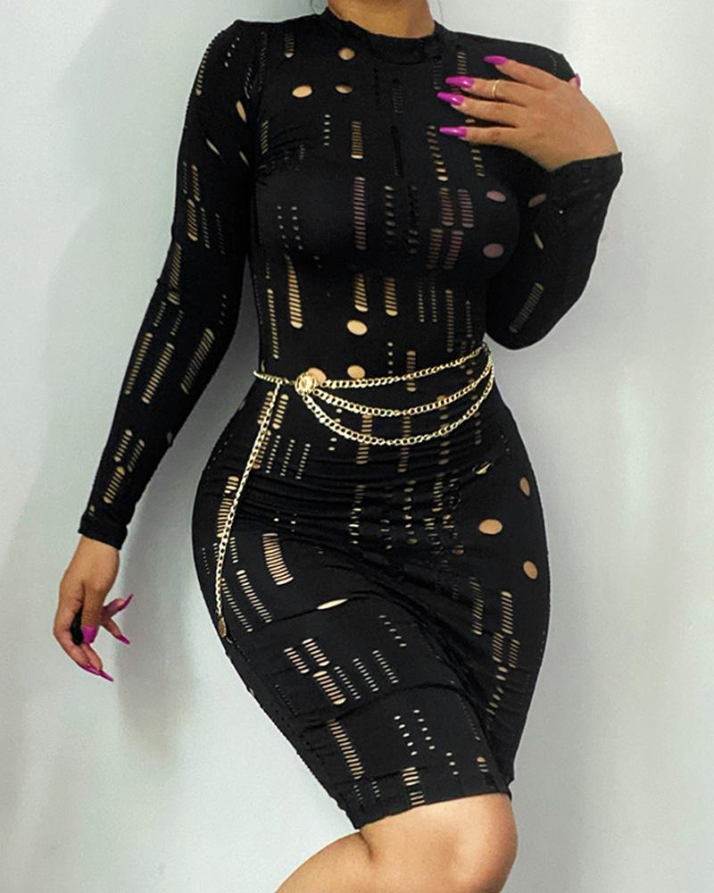 

Long Sleeve Hollow Out Bodycon Dress, Black