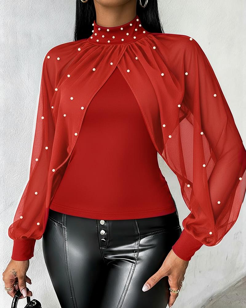 

Blusa de chiffon com gola alta e drapeado estilo capa, mangas compridas, franzida, costas vazadas, corte slim, Red
