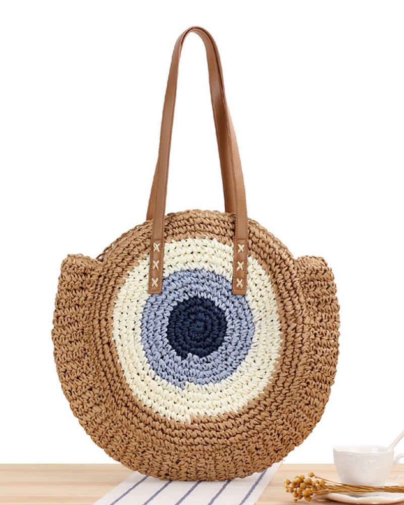 

Colorblock Top Handle Straw Bag, Light brown