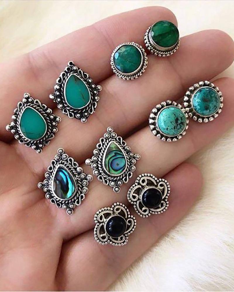 

5Pair Geometric Floral Pattern Turquoise Earrings Set, Blue