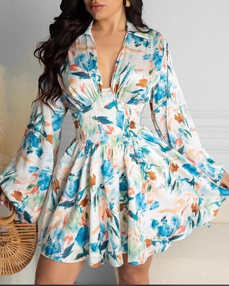

All Over Print Lantern Sleeve Shirt Dress, White