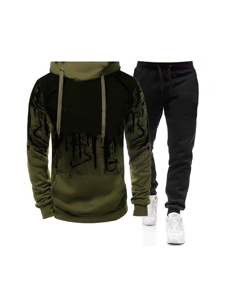 

Men Letter Pattern Colorblock Hooded Top & Pants Set, Army green