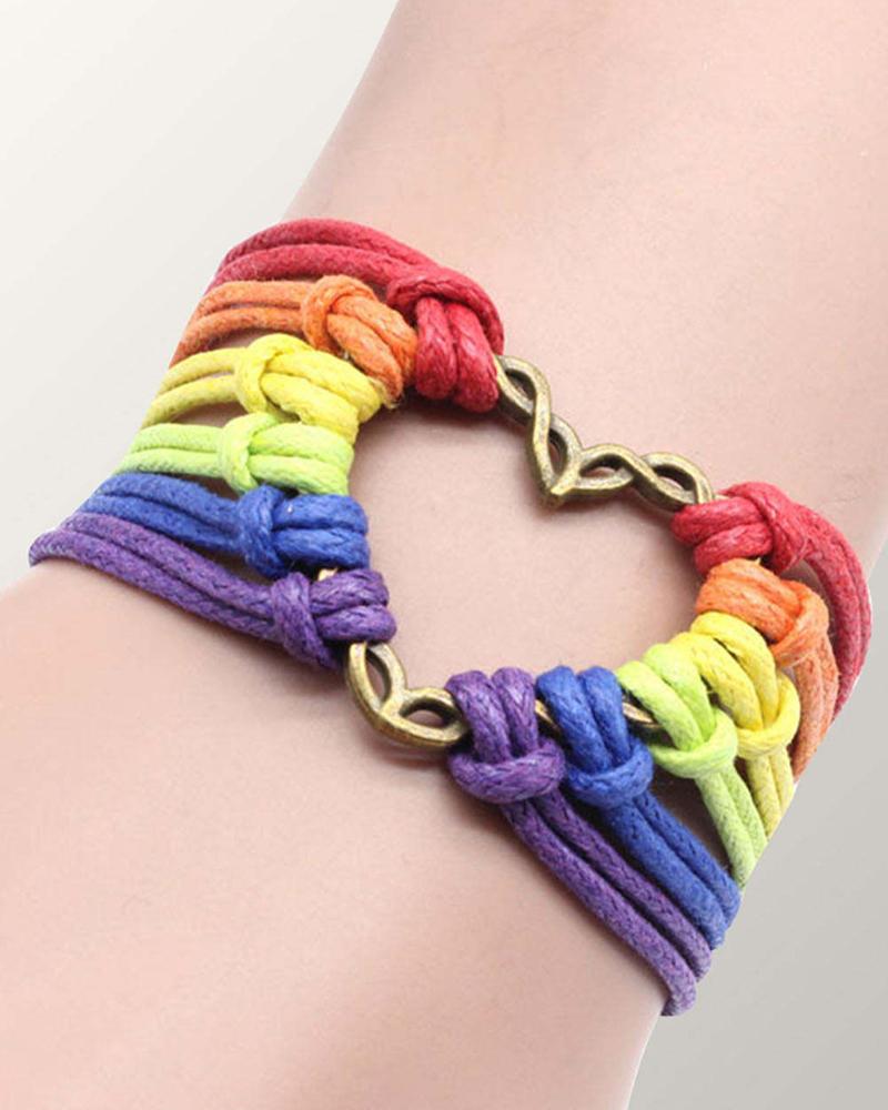 

1pc Rainbow Stripe Hollow Out Heart Pattern Braided Multi-layer Leather Bracelet, Multicolor