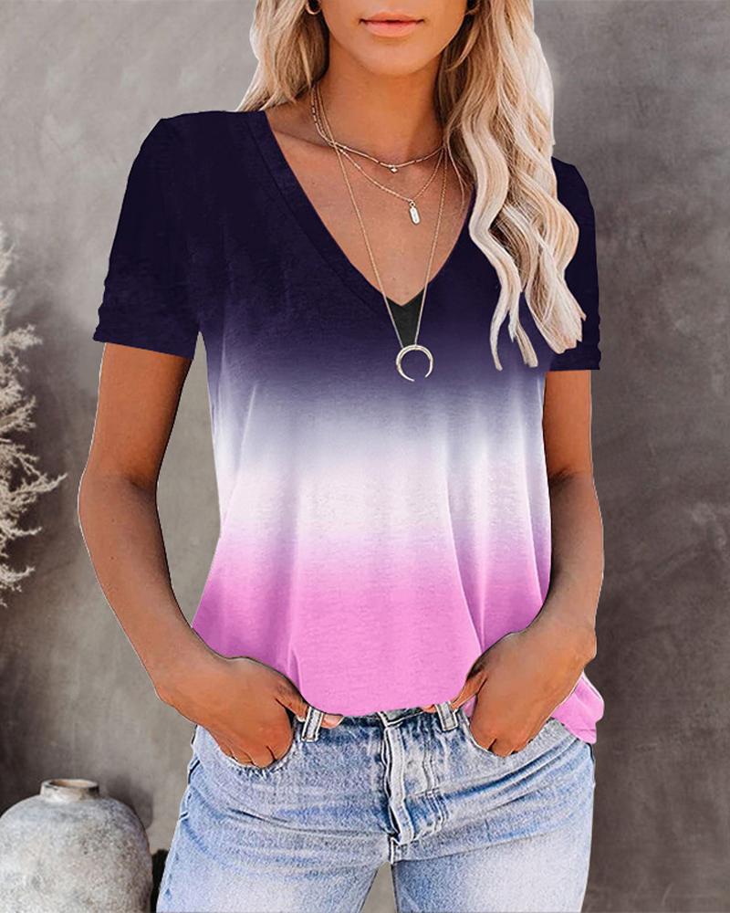 

Ombre V-Neck Short Sleeve Casual T-shirt, Pink