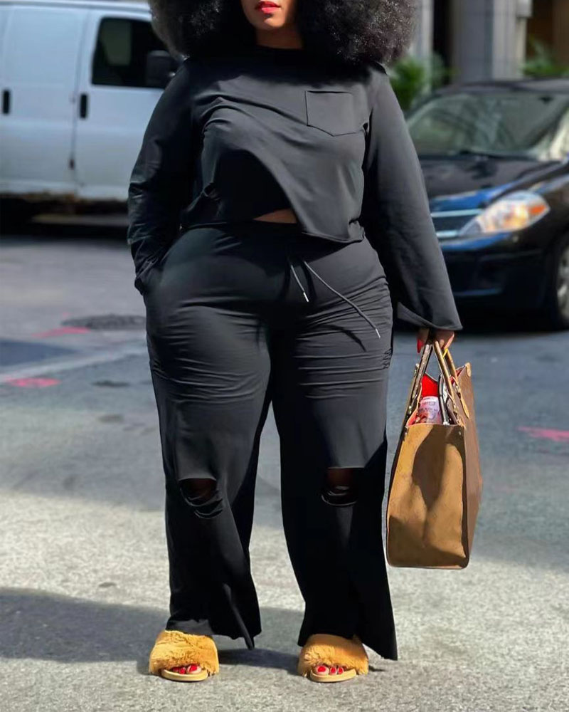 

Plus Size Long Sleeve Top & Cutout Drawstring Pants Set, Black