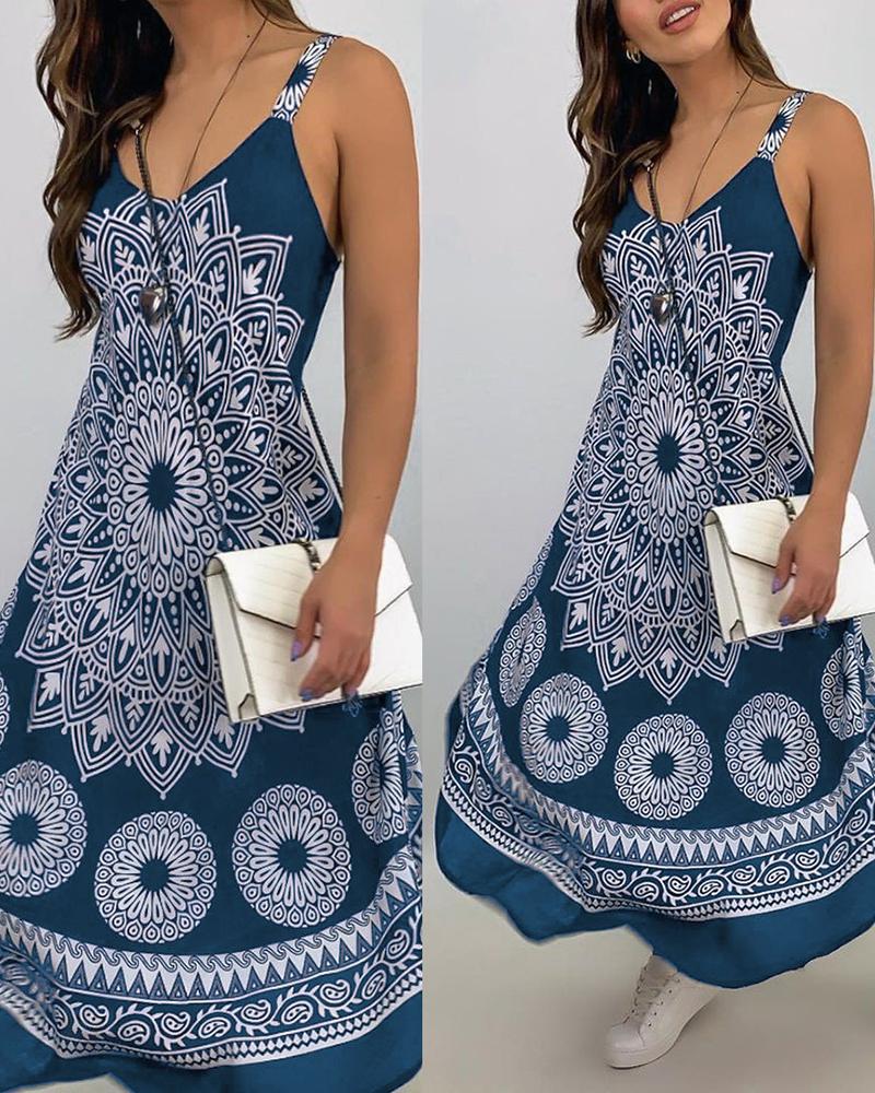 

Graphic Print V-Neck Thin Strap Maxi Dress, Blue