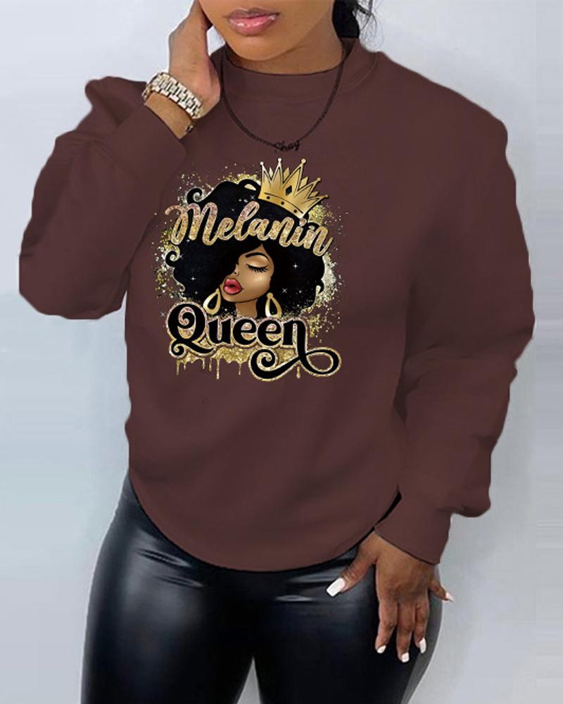 

Plus Size Figure Letter Print Long Sleeve Sweatshirt, Coffee