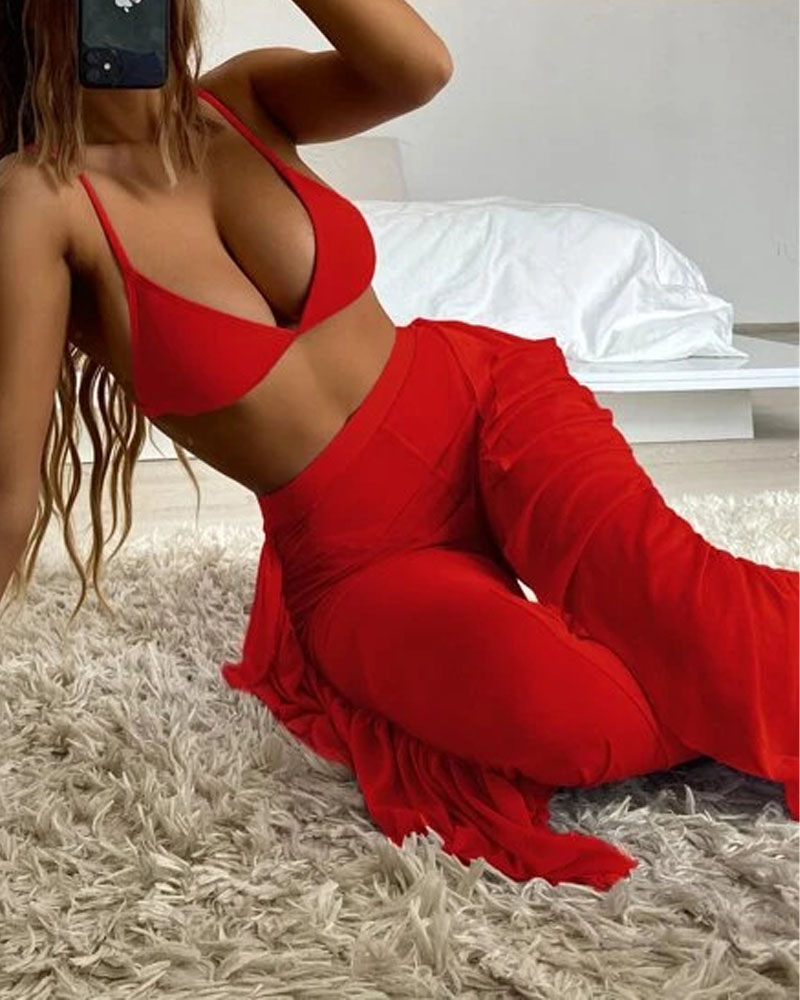 

3PCS Bikini Set With Ruffle Hem Sheer Mesh Cover Up, Red