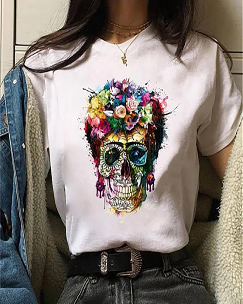 

Halloween Butterfly Floral Skull Print Short Sleeve T-shirt, Style1