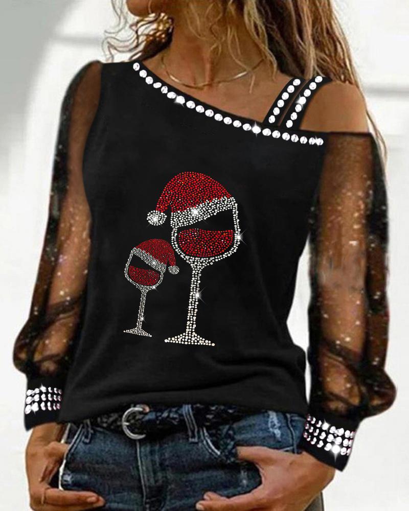 Christmas Wine Glass Print Studded Cold Shoulder Top