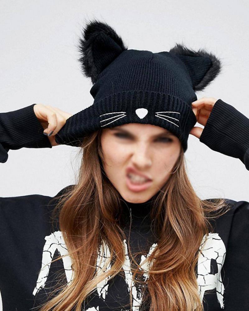 

1pc Fuzzy Cat Ears Embroidered Warm Knit Beanie Winter Ski Cap, Black