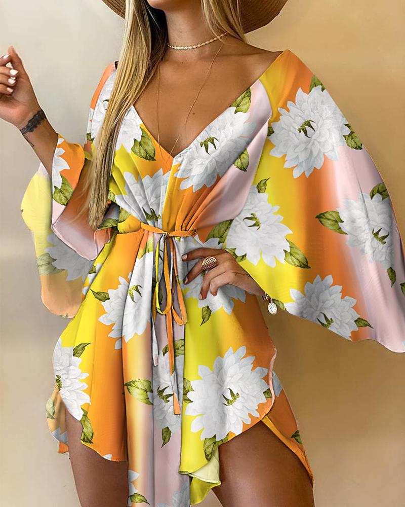 

Floral Print Ombre Batwing Sleeve Asymmetrical Dress, Multicolor
