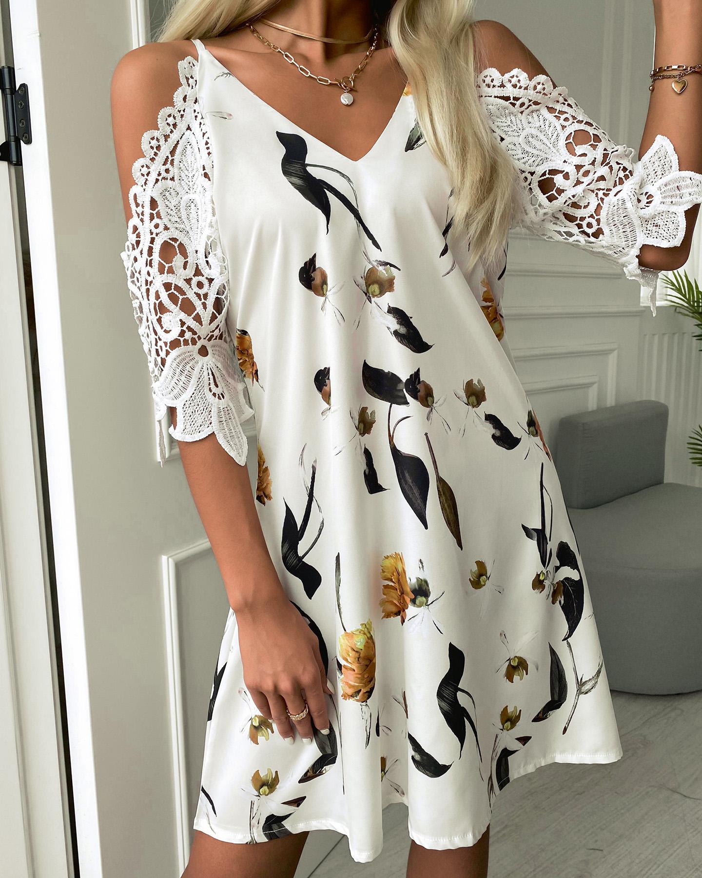 

Floral Print Lace Hollow-out Short Sleeve Casual Dress, White