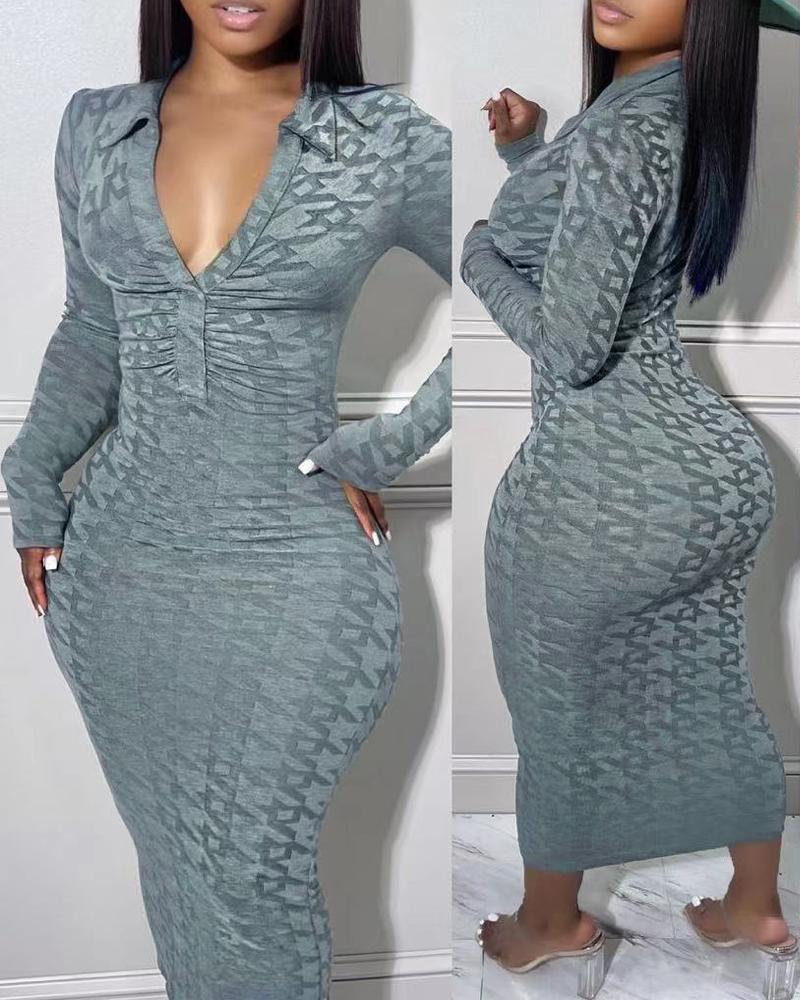 

Houndstooth Print Long Sleeve Ruched Bodycon Dress, Gray