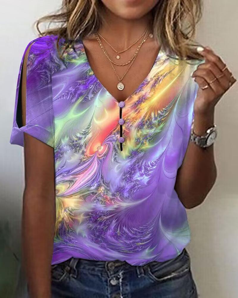 

Abstract Print Split Sleeve Casual T-shirt, Purple