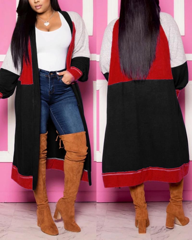 

Plus Size Colorblock Open Front Longline Coat, Red