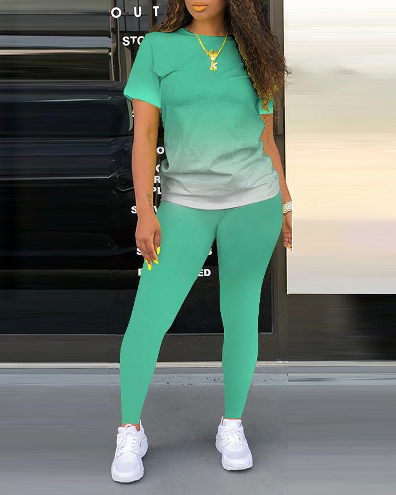 

Plus Size Ombre Casual T-shirt & Pants Set, Green