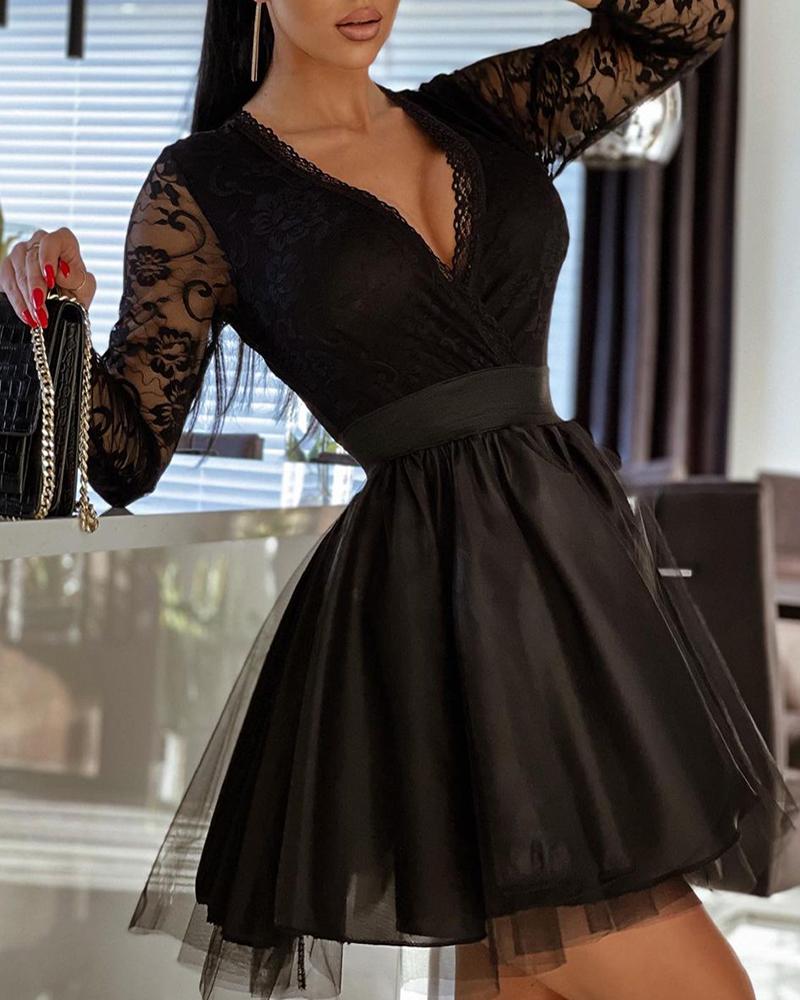 

Crochet Lace Sheer Mesh Party Dress, Black