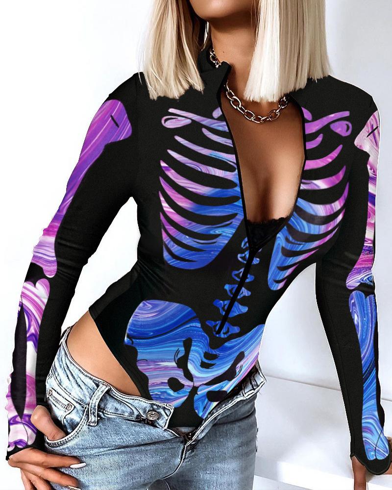 

Halloween Skeleton Print Zip Front Bodysuit, Black