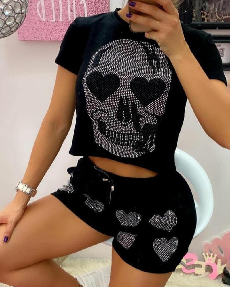 

Heart Skull Pattern Rhinestone Top & Shorts Set, Black
