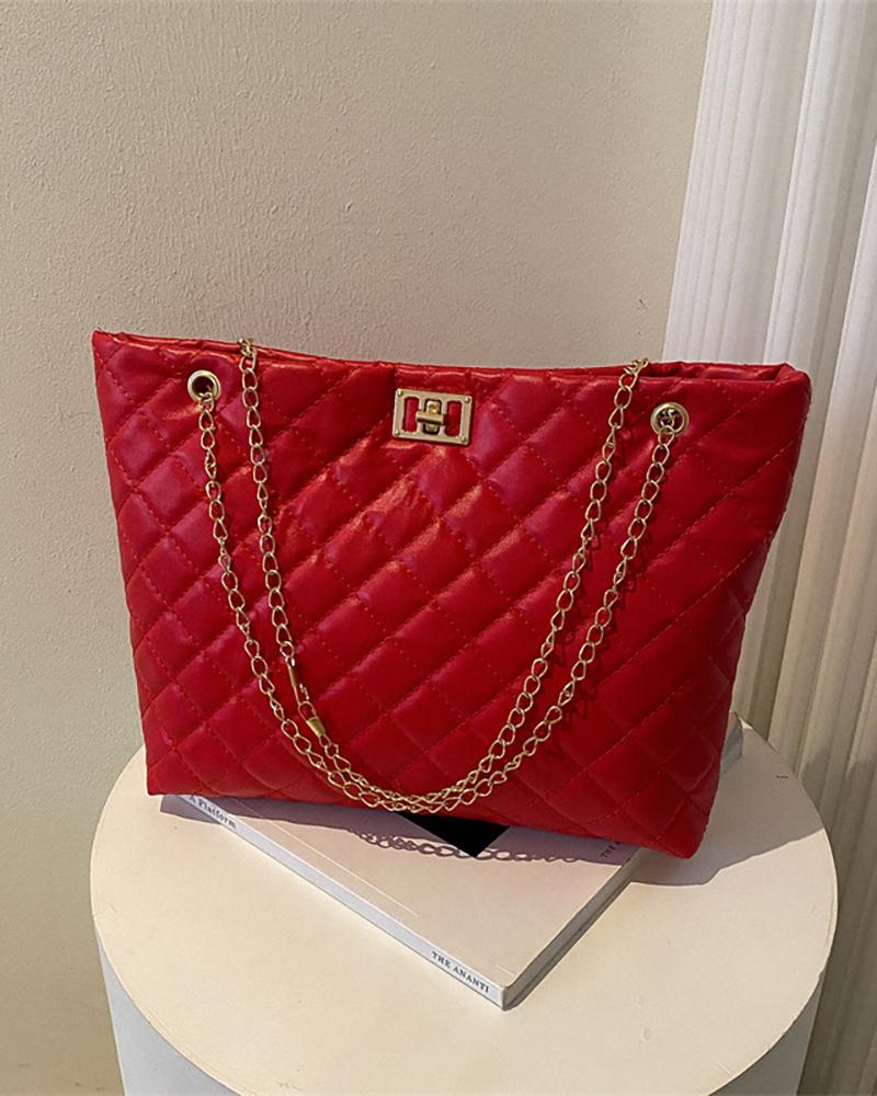 

Quilted Chain Strap Tote Bag, Red