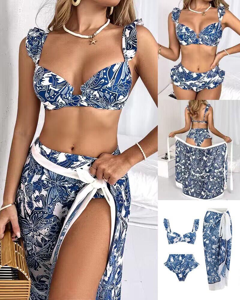 

3PCS Dragonfly Floral Print Ruffle Hem Bikini Set With Cover Up, Blue