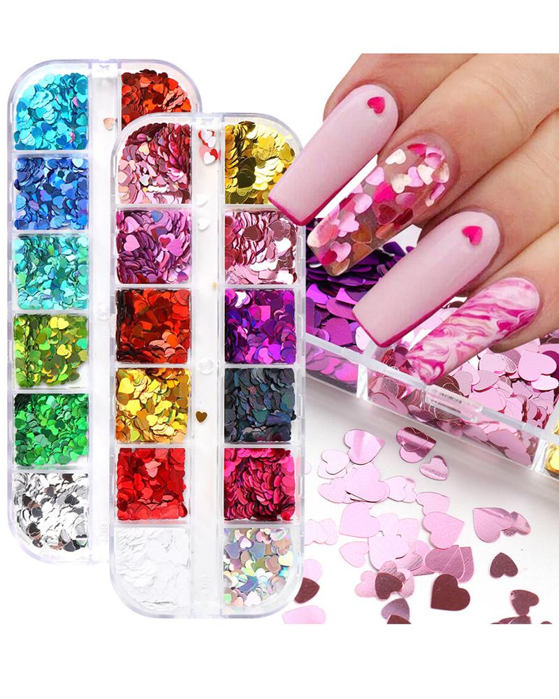 

1 Box Valentine's Day Sequin Colorblock Love Heart Shaped Flakes Nail Decal, Style1