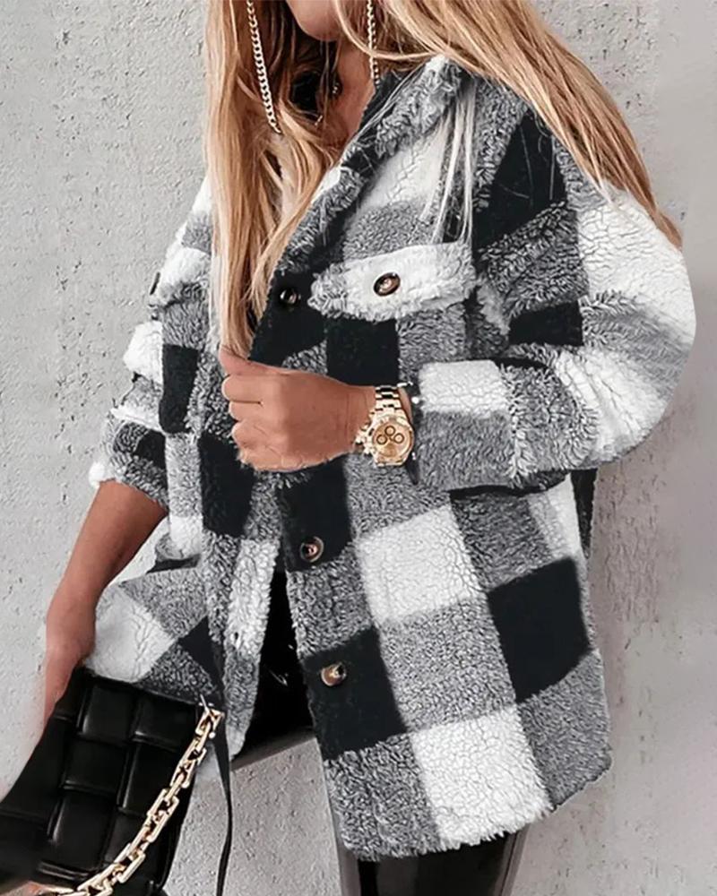 

Plaid Print Buttoned Teddy Coat, Black