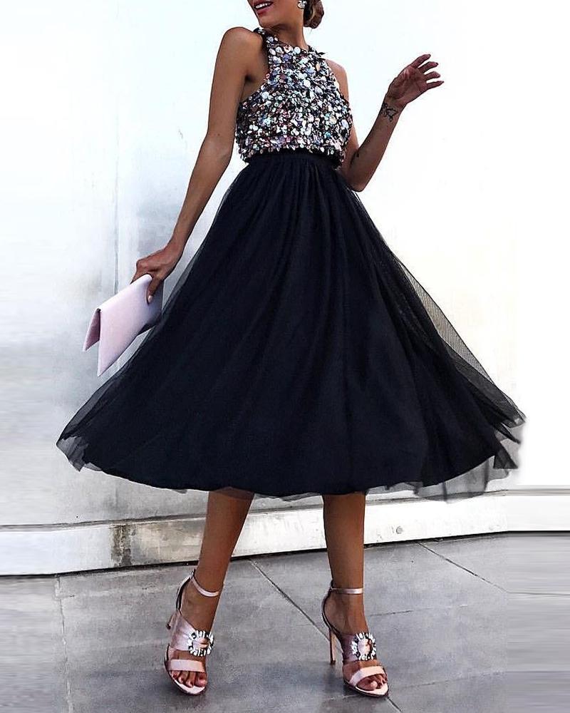 

Sleeveless Sequins Colorblock Mesh Insert Ruffles Ruched Dress, Black