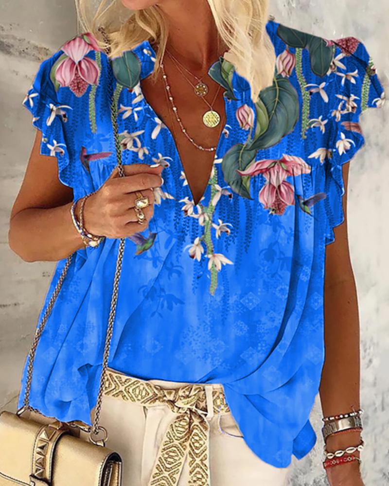 

Floral Print V Neck Sleeveless Ruched Top, Blue