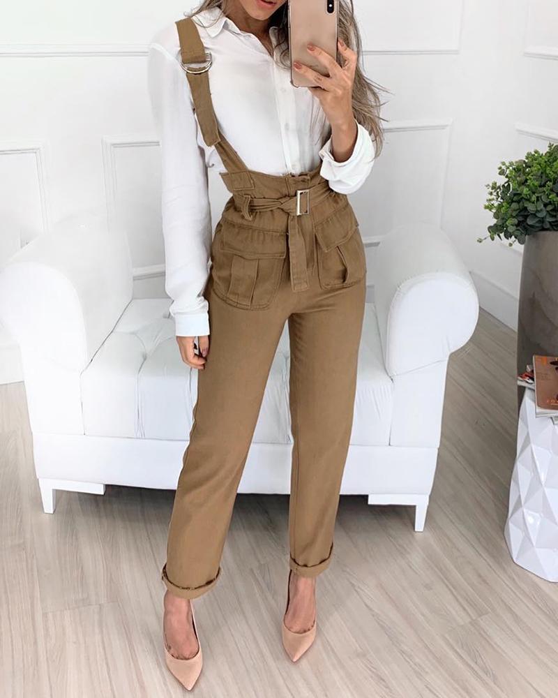 

Buckled Pocket Design Suspender Jumpsuit, Khaki