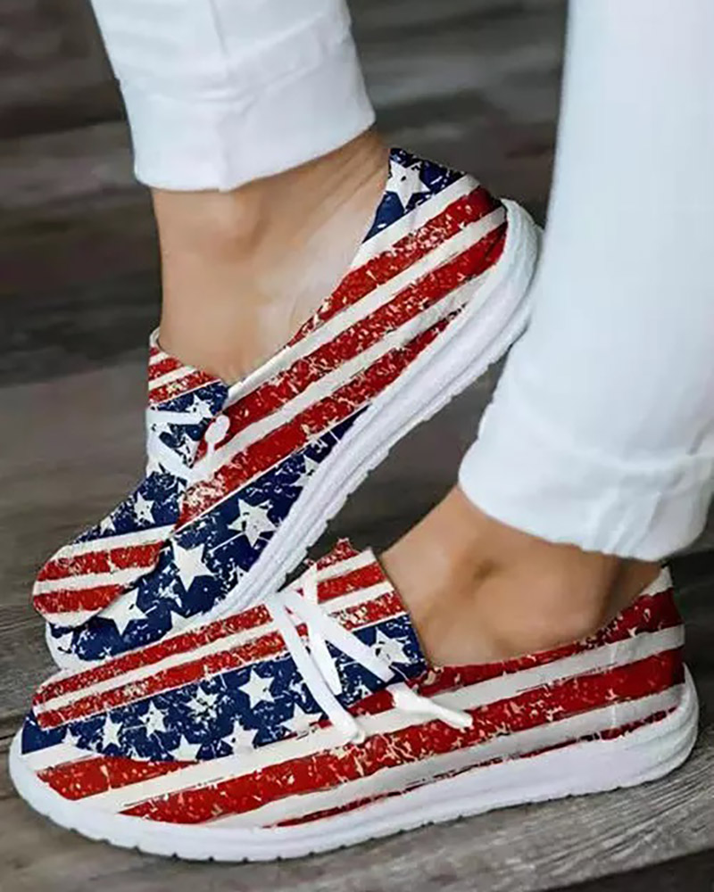 

Flag Pattern Lace-up Slip On Sneakers, Multicolor