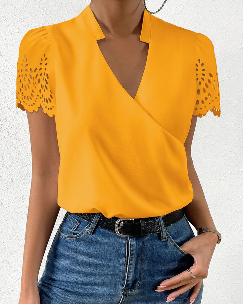 

Lace Patch Notch Neck Wrap Blouse, Yellow