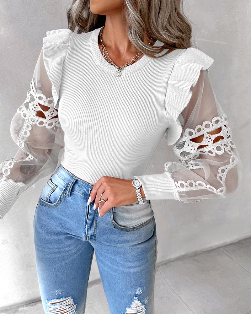 

Sheer Mesh Ruffles Lace Patch Knit Sweater, White