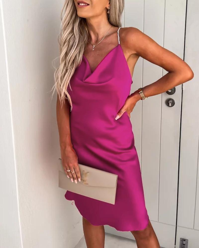 

Cowl Neck Backless Satin Party Dress, Hot pink