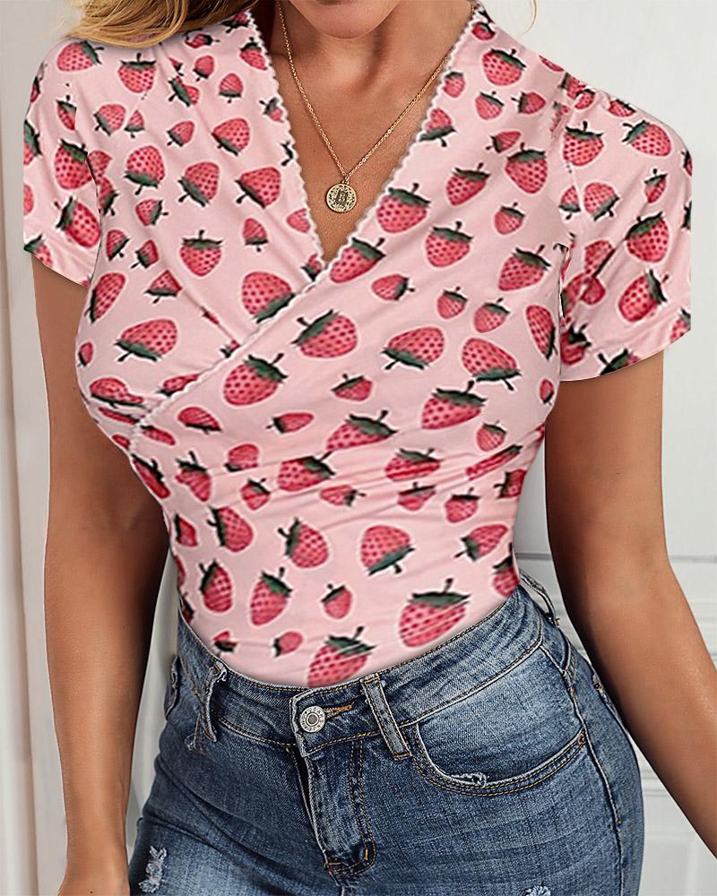 

Strawberry Print Puff Sleeve Loose Strappy Cropped Tops T-shirts, Pink