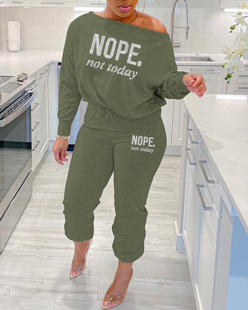 

Plus Size Rhinestone Nope Not Today Pattern Top & Pants Set, Green