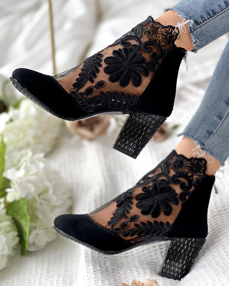 

Sheer Mesh Floral Pattern Chunky Pumps, Black